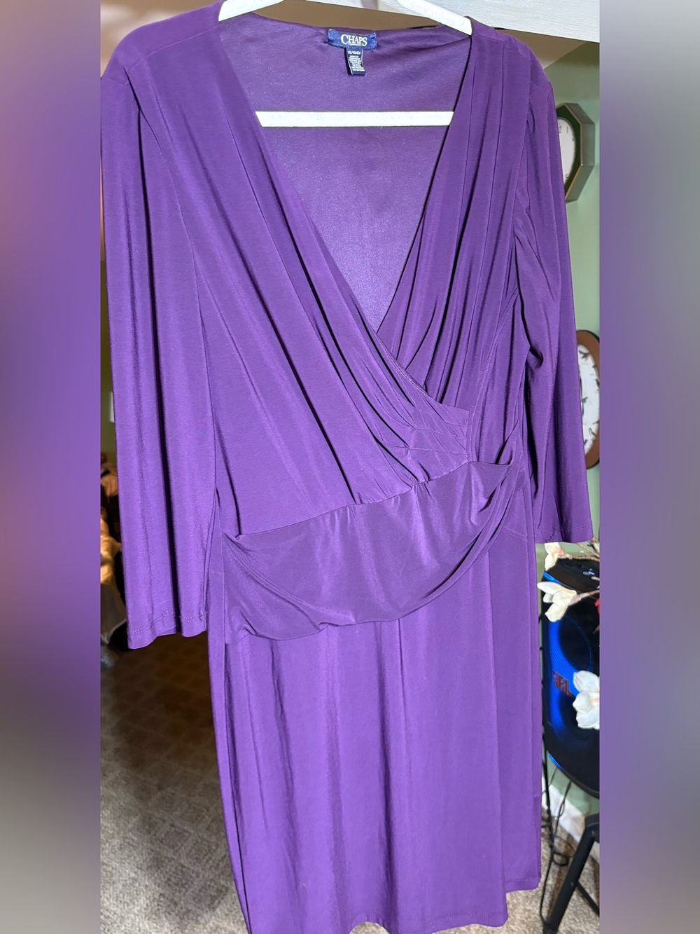 Chaps Purple Matte Jersey Faux Wrap V-Neck 3/4 Sleeve Midi Dress Size XL